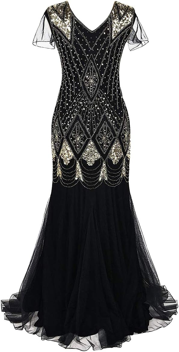 Women Vintage 1920s Gatsby Flapper Evening Party Dress V Neck Art Deco Sequins Mermaid Hem Cocktail Formal Long Maxi Gown - Image 3
