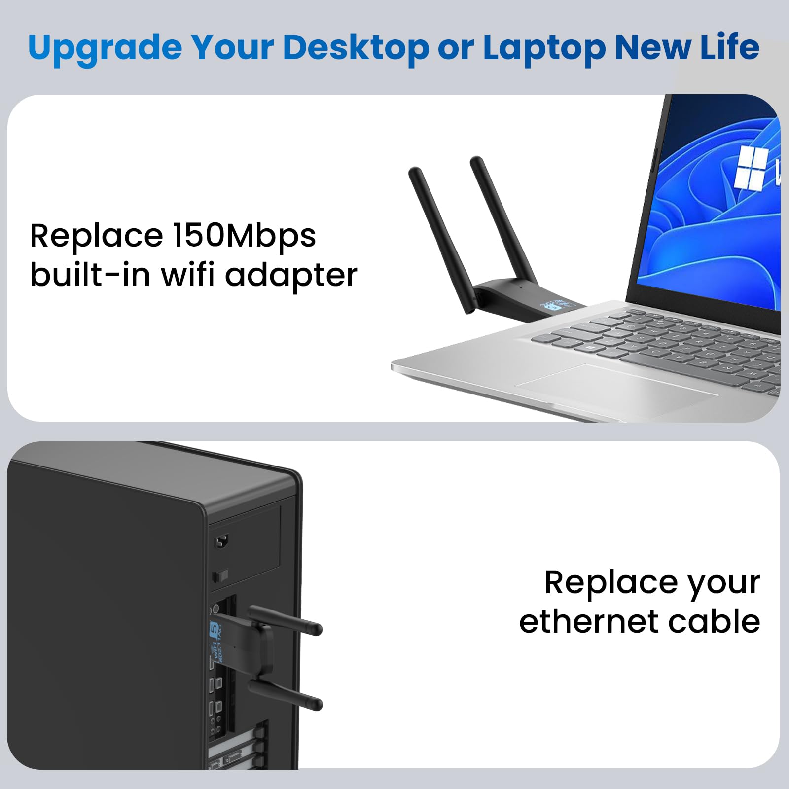 Adaptador WiFi para PC de escritorio, adaptador de red inalámbrico USB 3.0, antenas duales 5Dbi de 1300 Mbps 5G/2.4G, adaptador WiFi para computadora de escritorio portátil, compatible con Windows