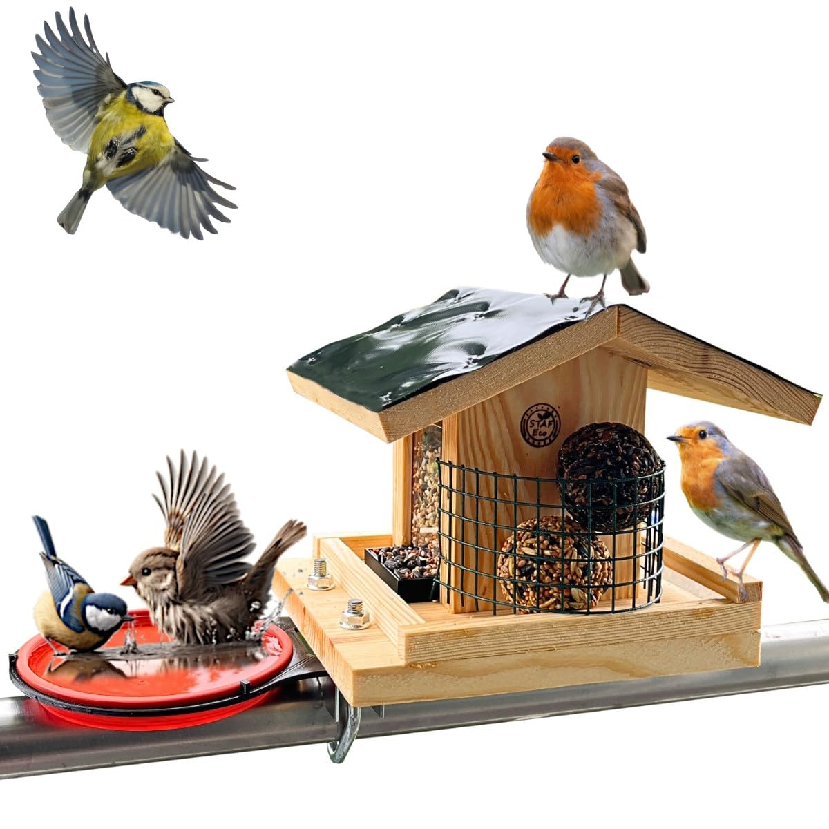 Vogelfutterhaus Vogelhaus für Balkon wetterfest Futterhaus balkongeländer Holz imprägniert Handarbeit Gartenvögel im Garten Balkonhalterung mit Einer Größe von 30 bis 60 mm (Balkon 2)