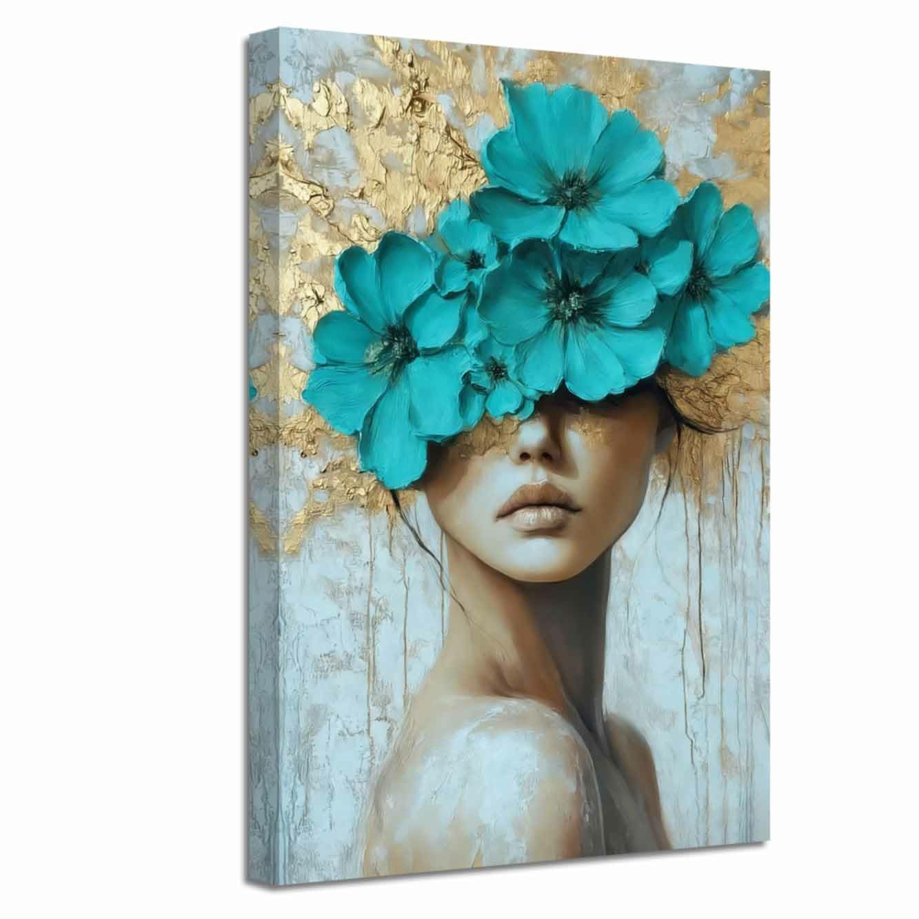 ZXHYWYM Gold and Gray Teal Floral Wall Decor Abstract Blooming Flowers Picture Prints Abstract Women Canvas Neutral Art Poster Paintings for Girl Bedroom Bathroom (Teal, (105L x 70W cm))