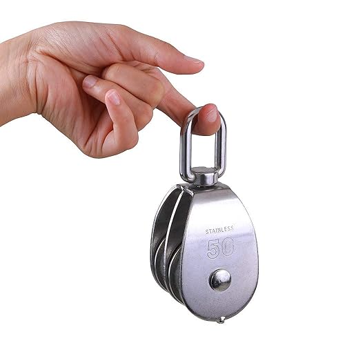 Miniatura 7 de Rocaris Paquete de 2 bloques de polea doble de elevación M50 304 Grúa de acero inoxidable Gancho giratorio de doble polea de carga de rodillos