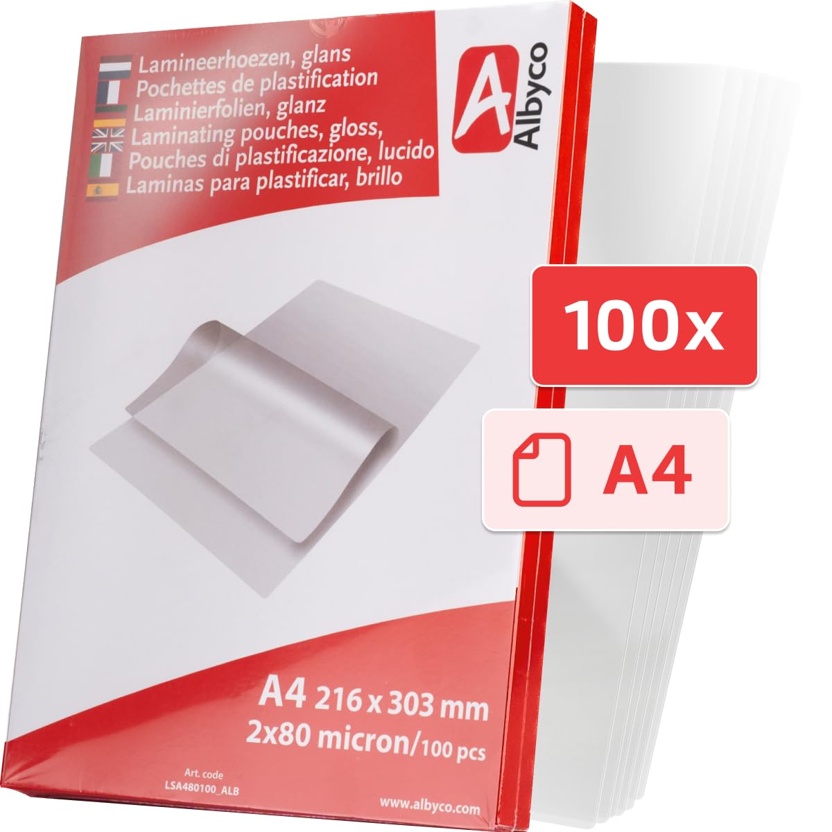 Albyco Fundas Plastificar - Laminas para plastificar- Película de Laminación- A4 (216x303 mm) - 2x80 (160) Micras- 100 Piezas- - Plastificadora, A4 Hojas Plastificar- Brillante- Transparente-
