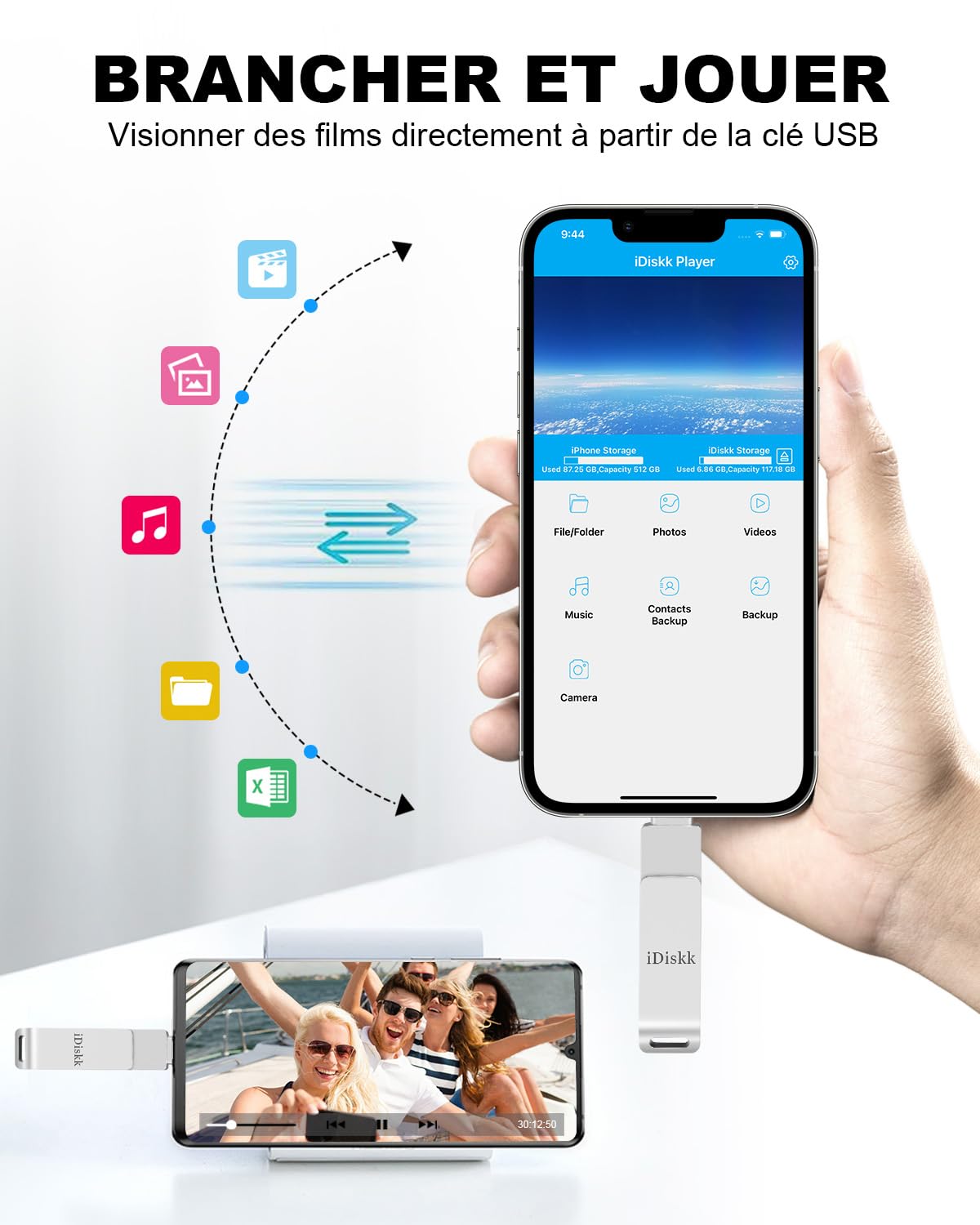 Clé USB iDiskk 128G Lightning pour iPhone, cle USB iphone certifiée MFi pour iPhone, clé USB de Stockage Externe pour iPhone Compatible avec iPad Mac et PC