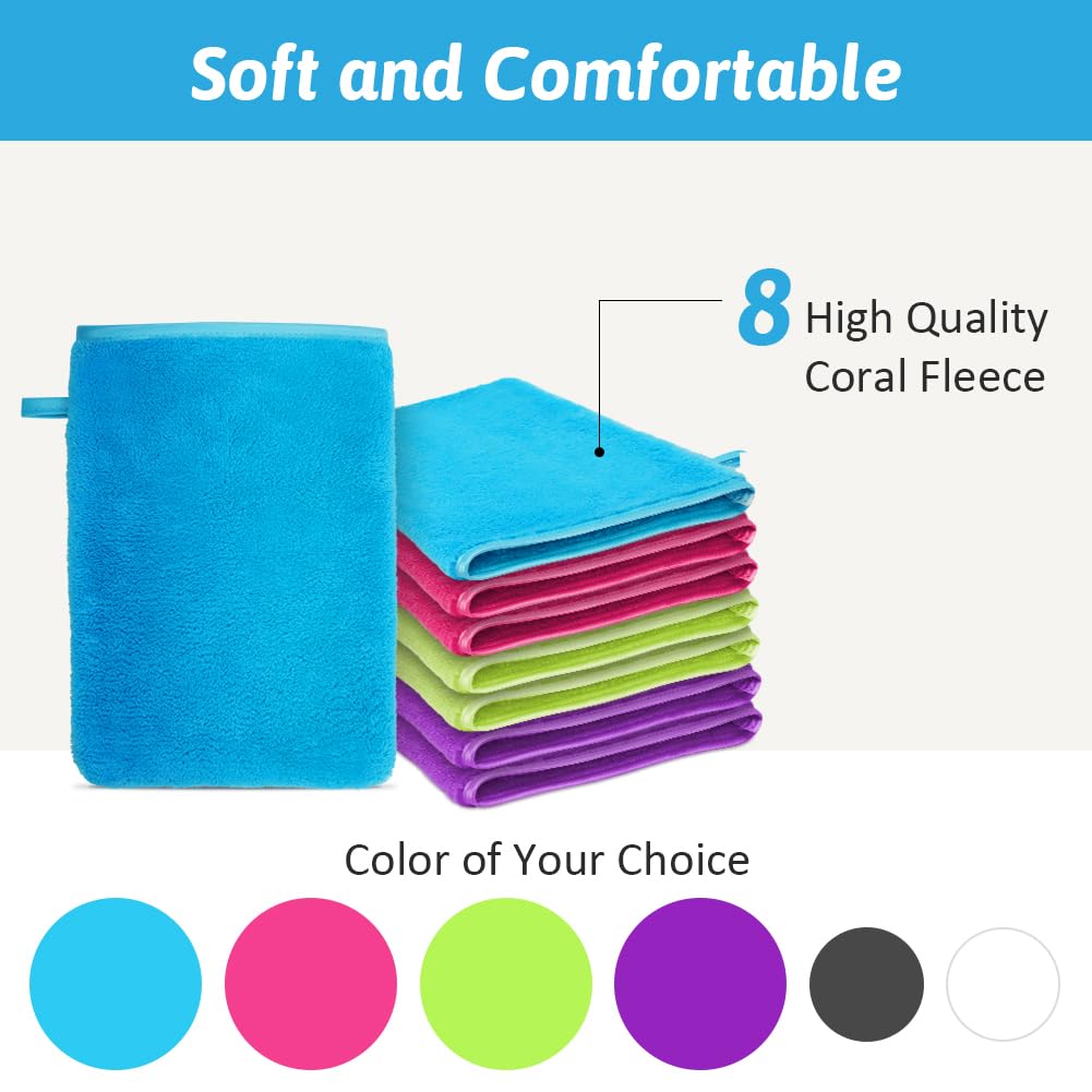 HOTUT Gants de Toilette en Microfibre, Lot de 8 Gants de Nettoyage du Visage Doux, Chiffon de Bain en Microfibre en Toison de Corail, Serviette de Visage, Gants Démaquillants Réutilisables 15 X 20cm