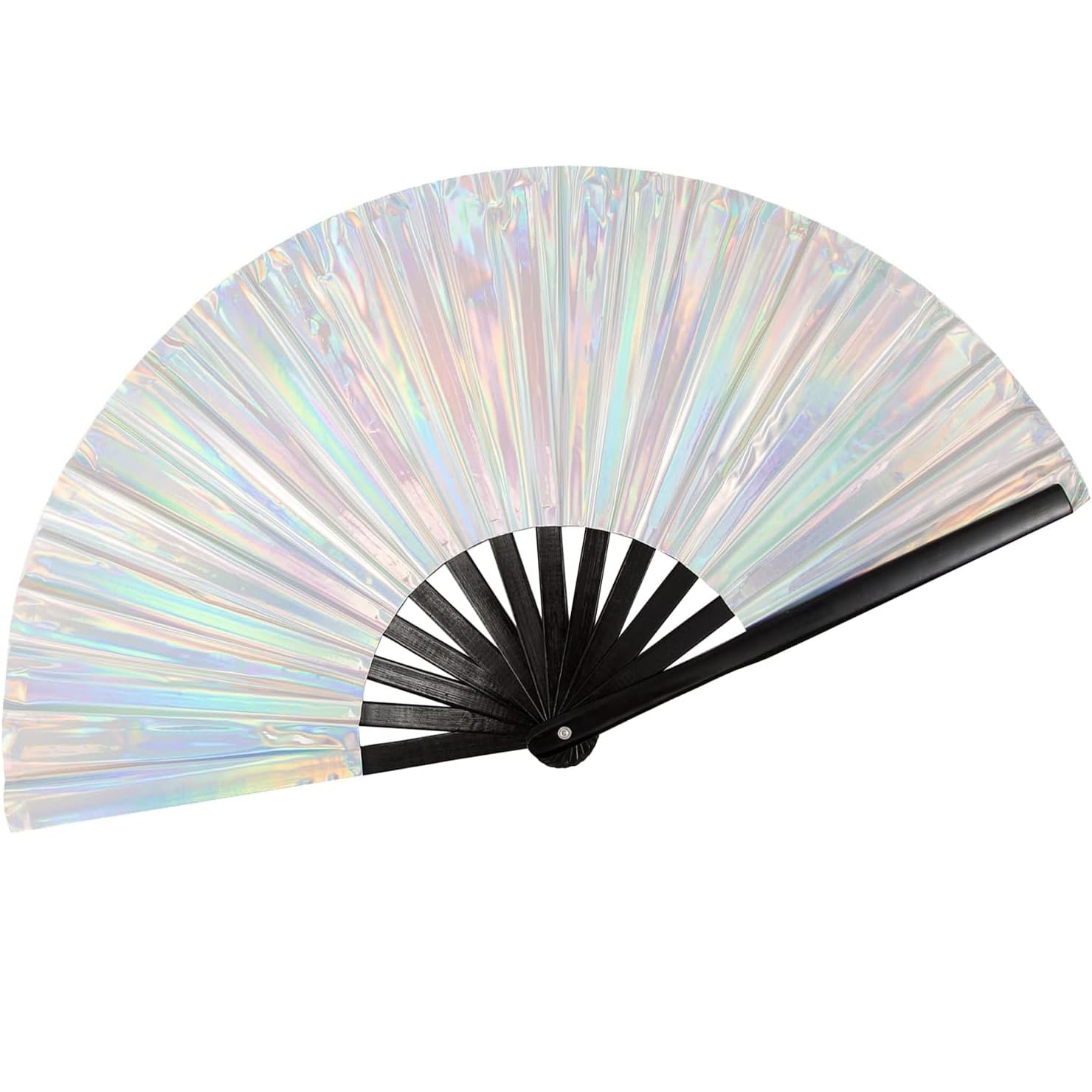 Laser Rave Folding Hand Fan,Silver Large Festival Fan,PVC Laser Film