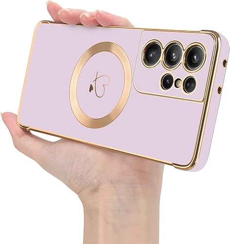 Funda magnética para Samsung Galaxy S21 Ultra 5G MagSafe, para niñas y mujeres, lindo patrón de corazón de amor, borde chapado de silicona, a prueba
