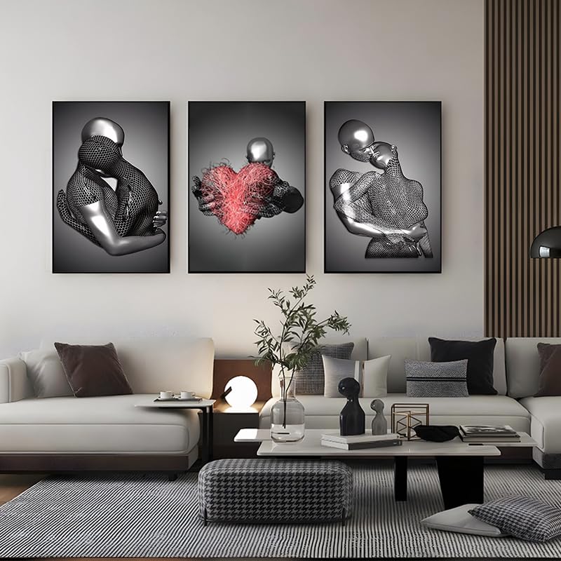 WADBTP Modern Art Metal Figure Canvas Painting Poster, Metal 3D Sculpture Effect, Romantic Lovers Hug Home Poster Set - Image 4