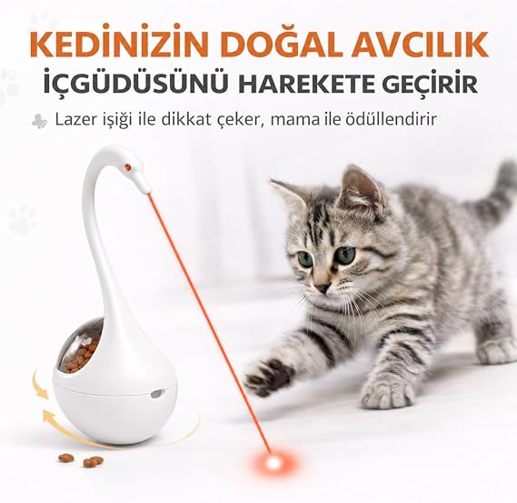 İnteraktif Kedi Oyuncağı Lazerli Mama Dispenseri Turuncu – Otomatik Hareketli Kedi Oyunu, Lazer Pointer Kedi Oyuncağı, Denge Oyuncak, Ödül Mamaları İçin (Piller Dahil)