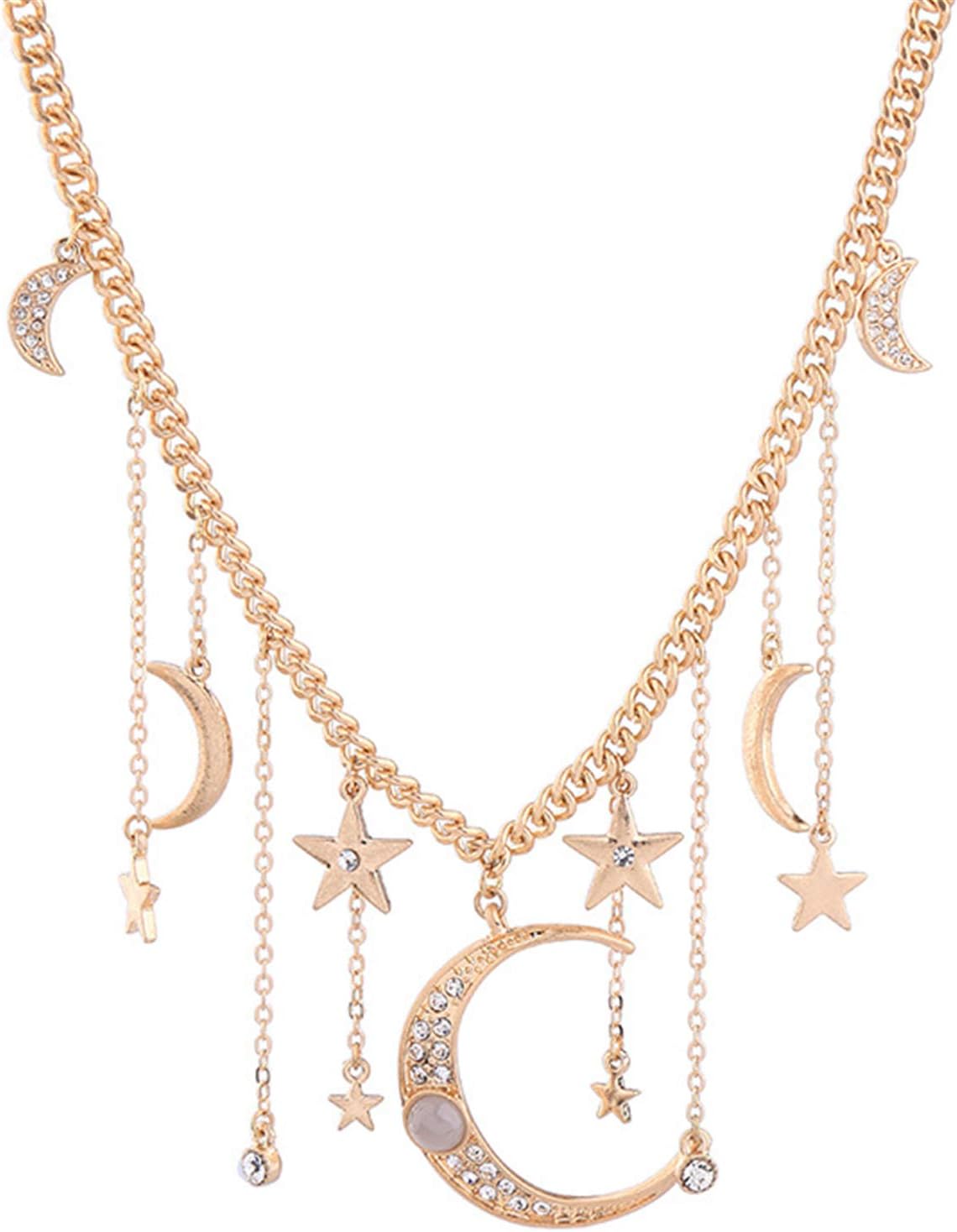 Mode Kristall Halbmond und Stern Anhnger Halskette Vergoldet Retro Stern Phase Anhnger Zarte Kette Halskette Accessoires Schmuck fr Frauen Mdchen