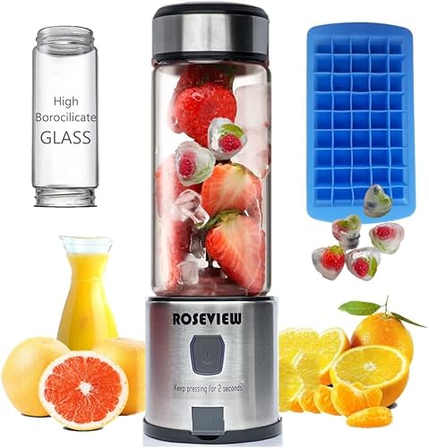 Smoothie blender Portable ROSEVIEW Glass bottle Mini rechargeable Handheld Ice crushing Shakes Cup USB juicer Cordless Personal smoothies maker Fruit mixer Juice sport travel healthy smoothy (Black Steel)