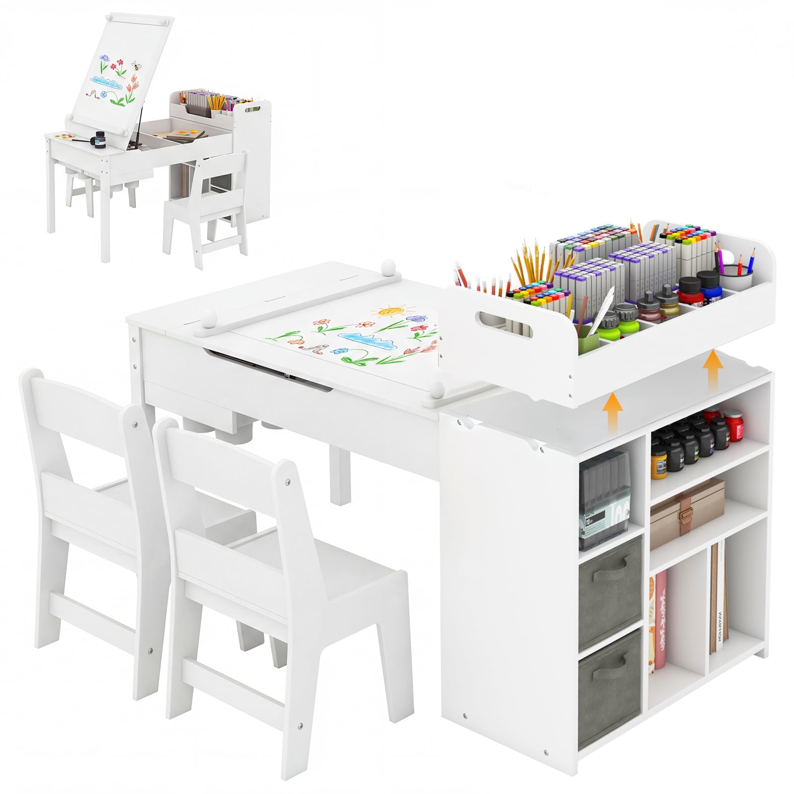 INFANS Kids Art Table and Chair Set, Wooden Multi Activity Desk with Easel Removable Storage Organizer Drawers 2 Storage Bins, Toddler Furniture for Drawing Arts Crafts (Ivory, 120 * 60 * 75cm)