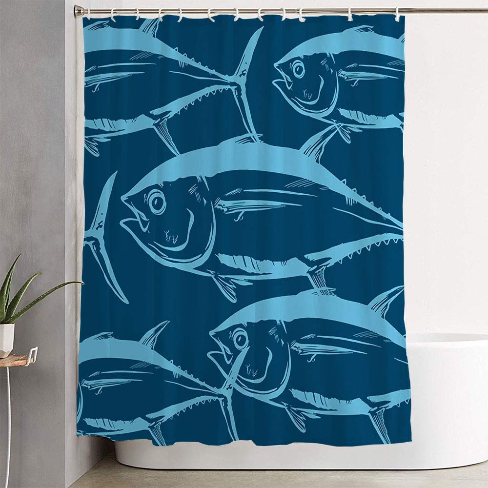 Fabric Bathroom Curtain Sets Tunas Water Fish Symbol Label Composition Menu On Blue Tuna Animals Wildlife Food Drink Cuisine Shower Curtain Bath Curtains with Hooks 72" W x 78" H