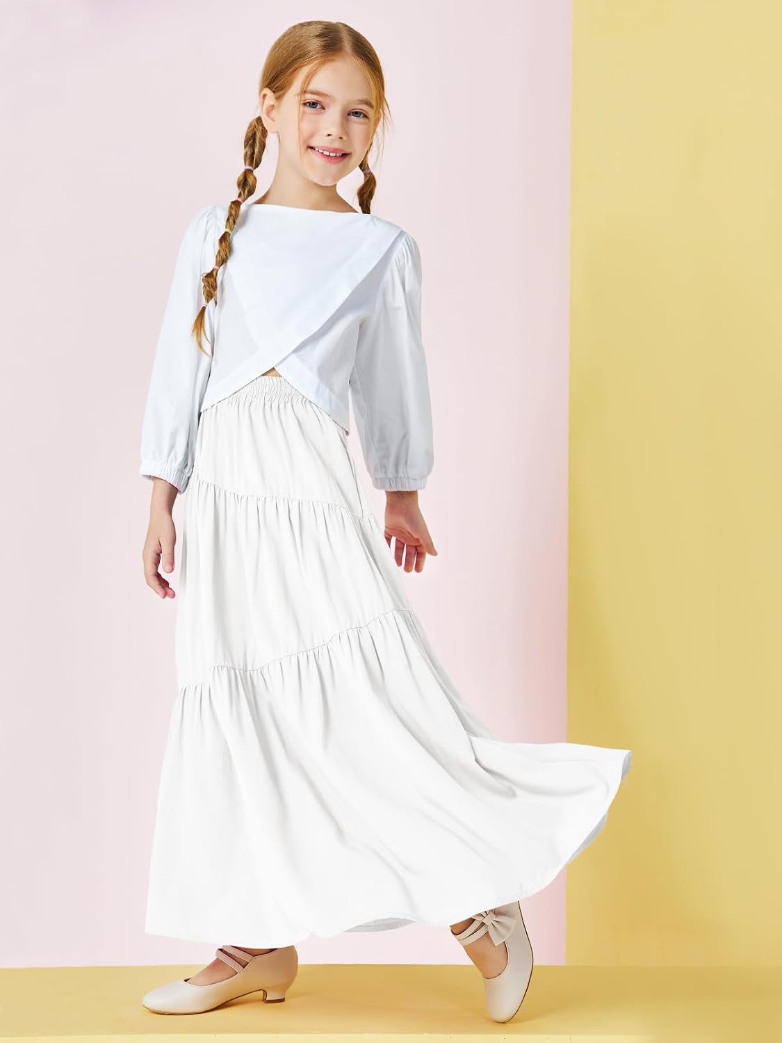 Haloumoning Girls Elastic High Waist Maxi Skirt Boho A-Line Tiered Pleated Long Skirts with Pockets 5-14 Years