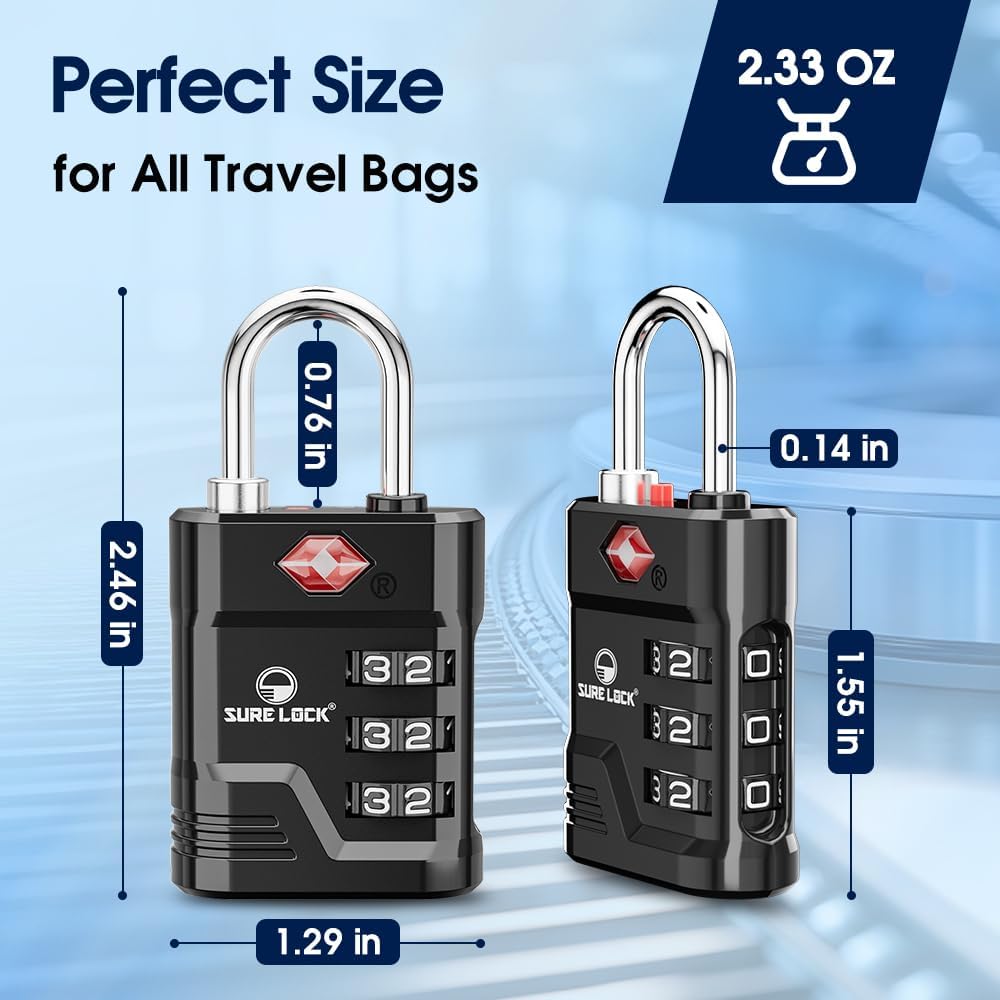 SURE LOCK TSA Approved Luggage Lock – 3-Digit Resettable Combination Padlock with Open Alert Red Dot, Large Easy-Read Dials for Suitcases, Backpacks, Gym & School Lockers(Black 6 pk)