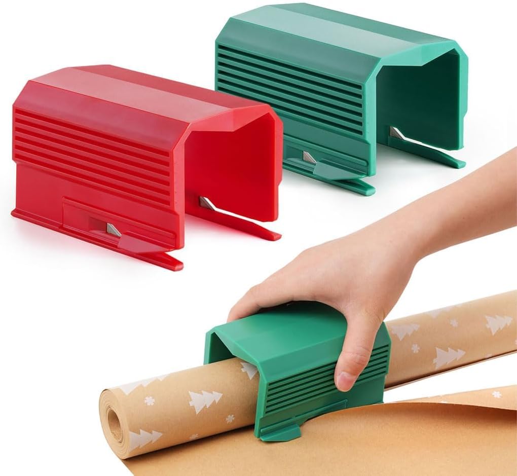 2PC Wrapping Paper Cutter Christmas Paper Roll Cutters Paper Cutter Slider Tool Set Christmas Gift Packing Wrapping Cutting Supplies for Crafting Birthday Gifts Wrap Rolls (1PC RED & 1PC Green)