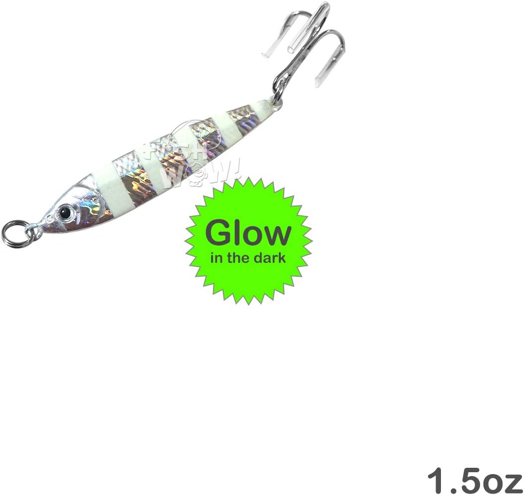 10pcs Glow Silver 1.5oz Fishing Metal Bait Jig 1-1/2oz Mega Live Lure with a Treble Hook - Glow in The Dark