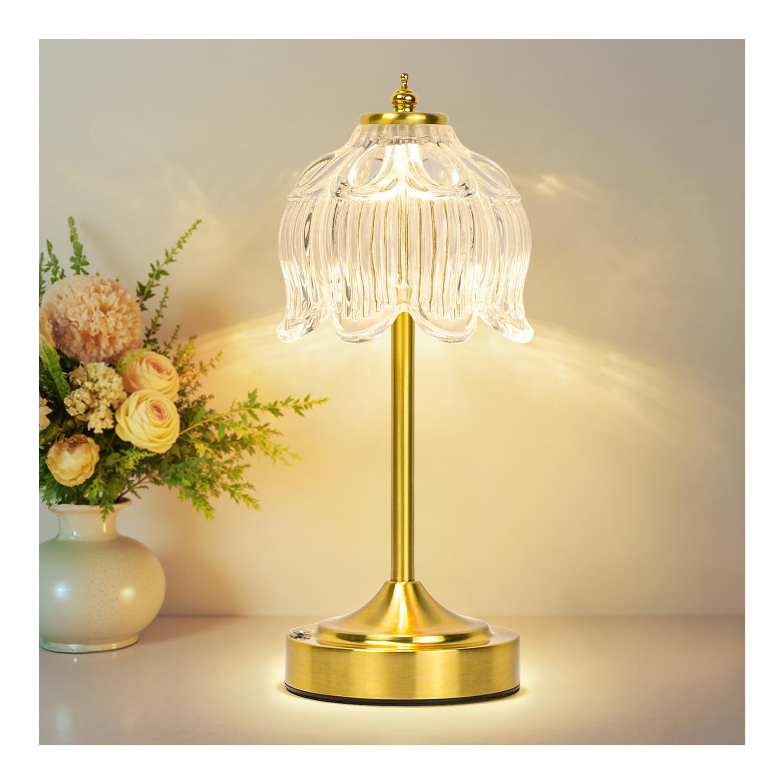 Cordless Lotus Flower Table Lamp, 5200mAh Rechargeable Battery Operated Portable Lamp, 3-Color Dimmable Touch Control Small Desk Lamp for Bedroom,