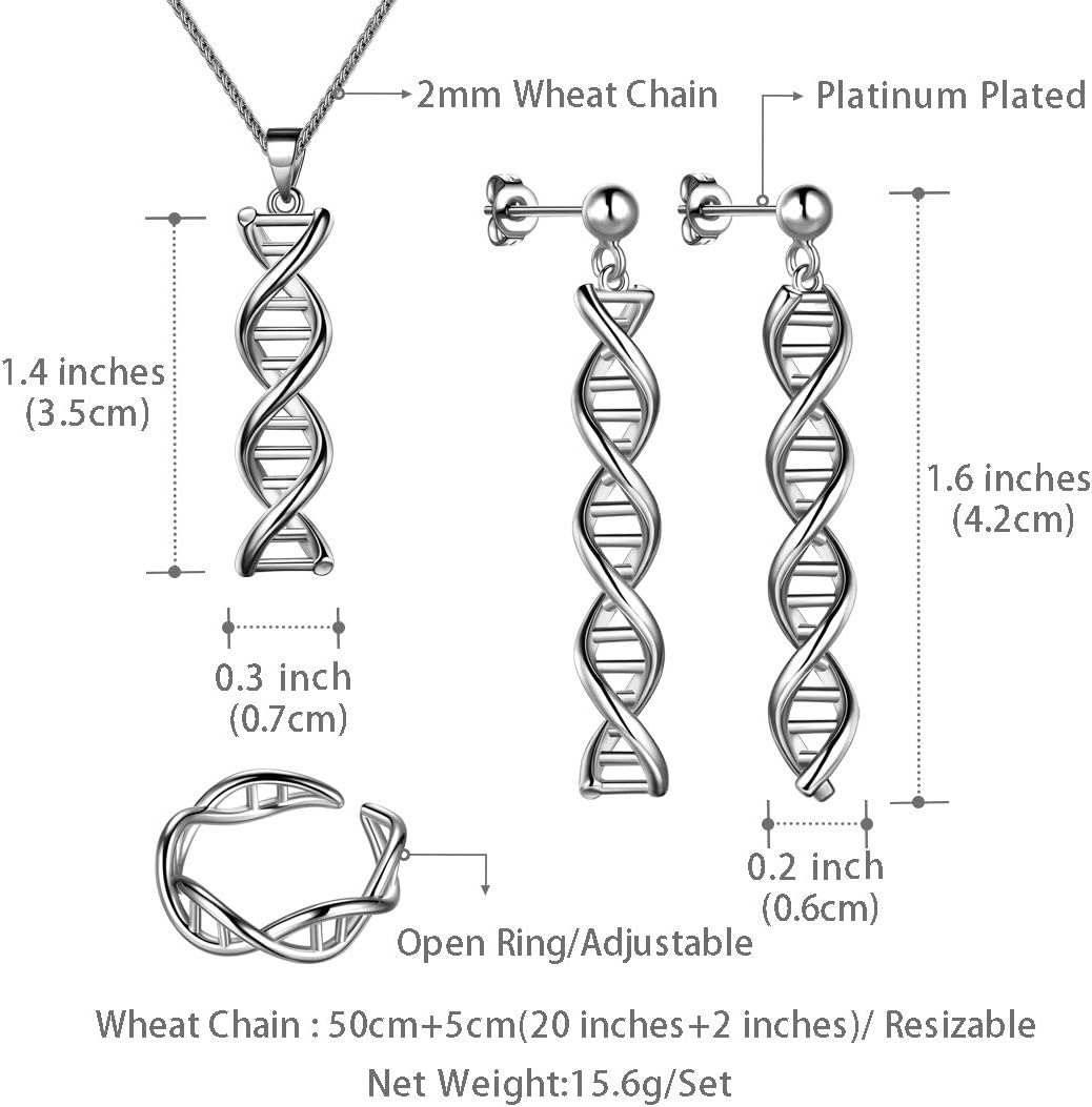 beautlace DNA Double Helix Chemistry Science Molecule Biology Necklace/Earrings/Rings Set DNA Dangle Earring Jewelry Set for Women