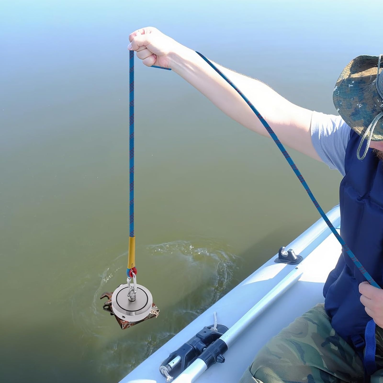 Kit da Pesca Magnetica, magneti bifacciali con Forza di trazione di 3000 libbre, Corda da 66 Piedi, Include Custodia e Guanti per recuperare Oggetti dall'acqua