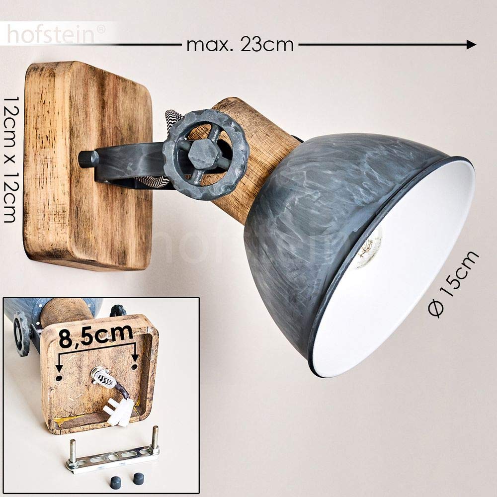 hofstein Aplique de pared Orny, spot de pared en diseño retro/vintage, aplique regulable de metal/madera en gris/blanco/marrón, 1 luz, 1 x casquillo E27,sin bombilla(s)
