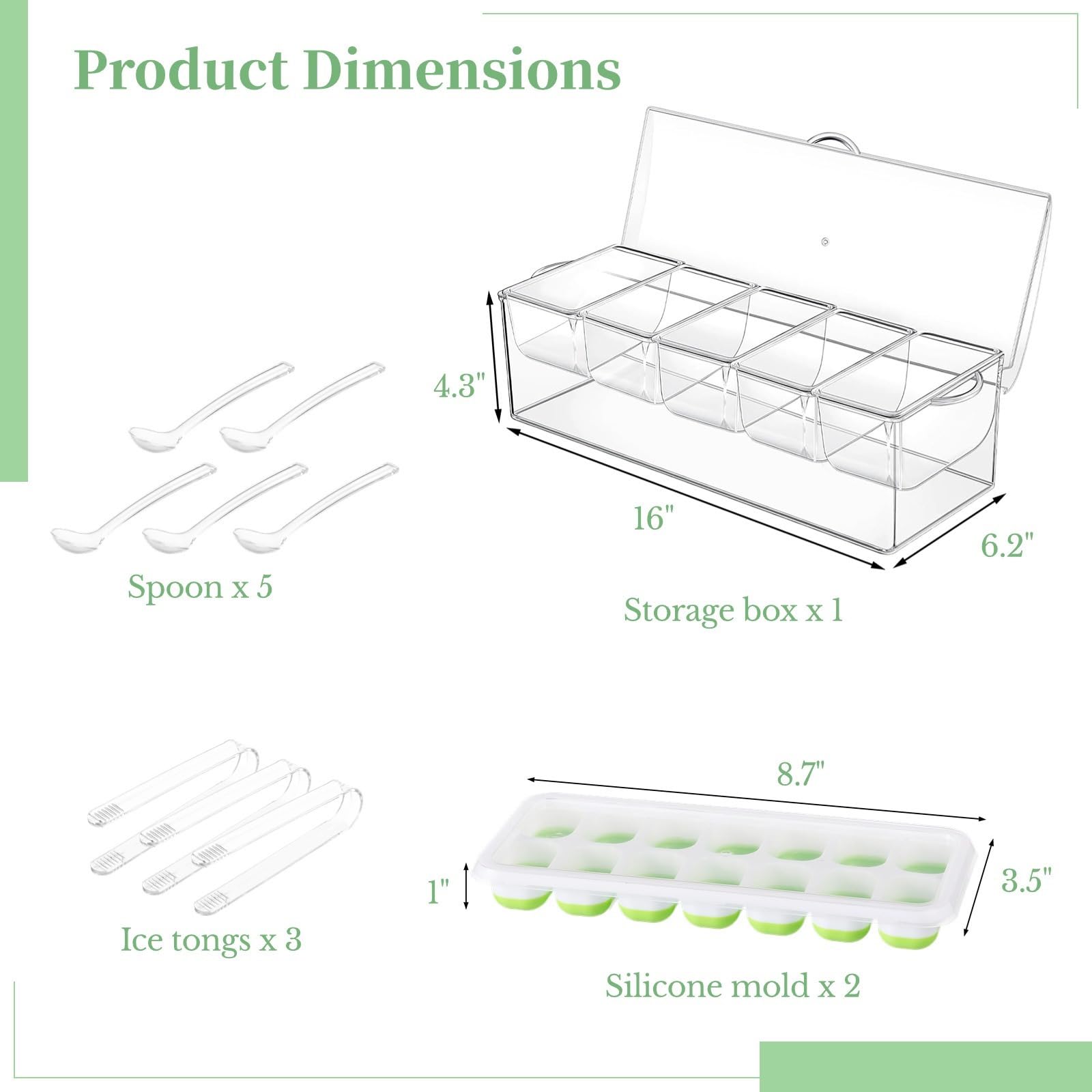 11-teiliges Servierset für gekühlte Gewürze und Früchte mit Eiswürfelformen, Zange, Löffel und Deckel – vielseitiger Organizer für Lebensmittel und Gewürze