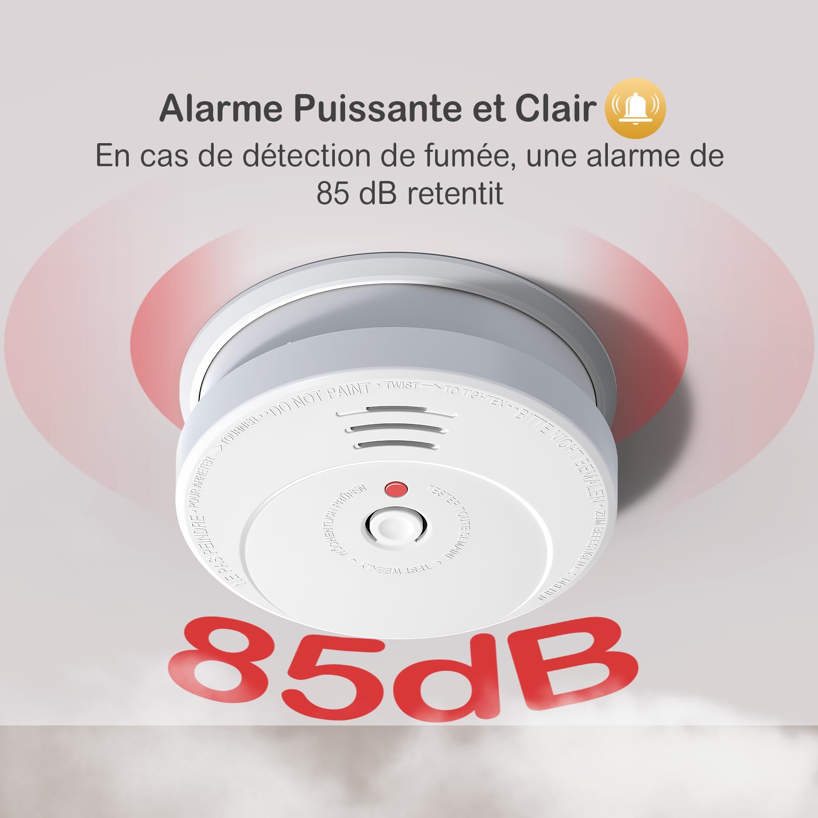 Détecteur de Fumée Pile remplaçable, GS506 Alarme Incendie Durée de Vie 10 Ans, Capteur Optique, Conforme à la Norme européenne EN14604, Lot de 1