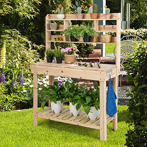 Happygrillpottingbenchtable605woodworkstationworkbenchtablewithflipuptabletopshelveshanginghooksoutdoorflowerpotbenchfarmhousebenchshelfforpatiogardenporch Urban Country Home Decor Happygrill potting bench table 605 wood workstation workbench table with flip up tabletop shelves hanging hooks outdoor flowerpot bench farmhouse bench shelf for patio garden porch urban country home decor