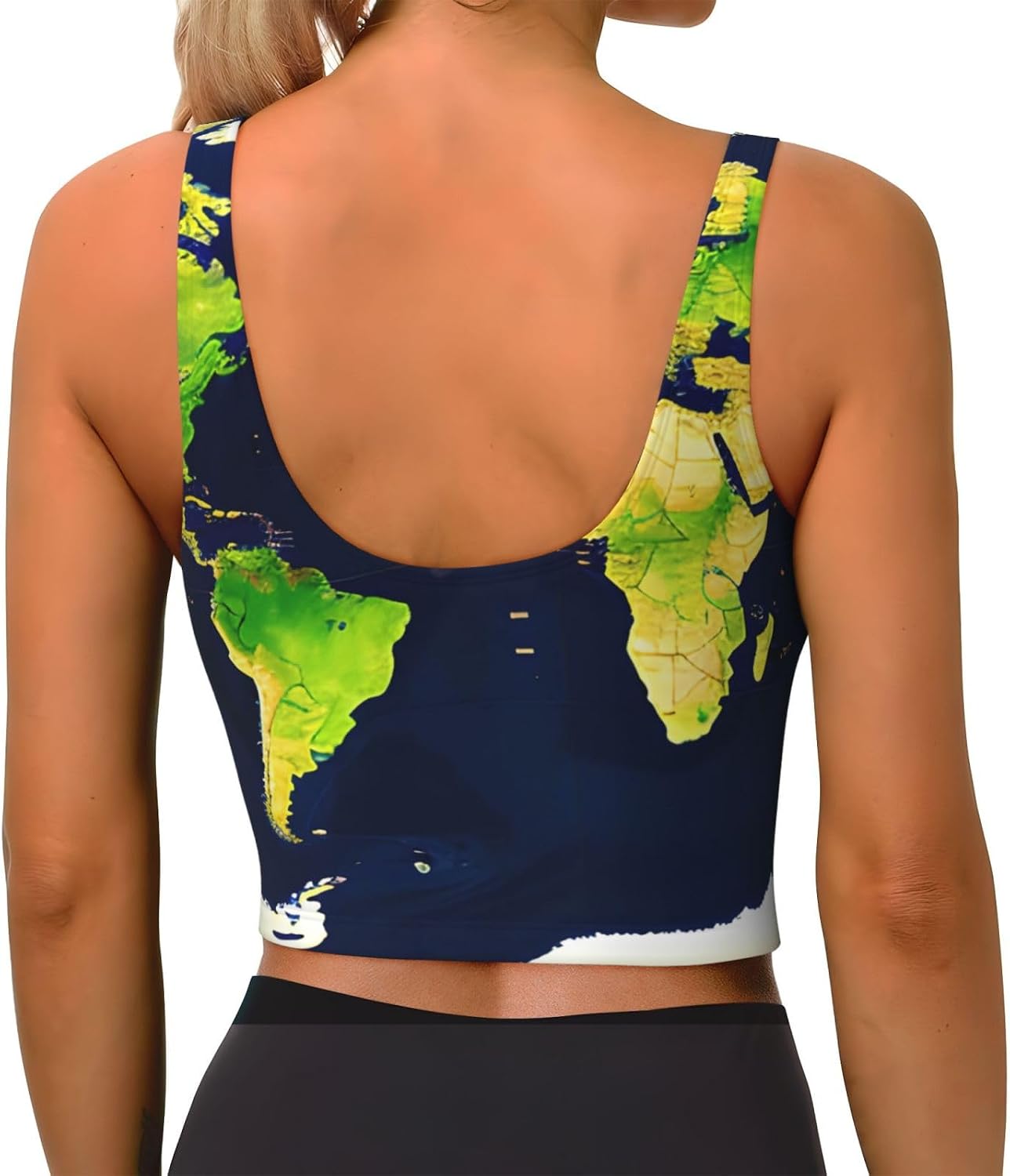 World Map Print Women's Sports Bra Tank Tops,Longline Sports Bras for Yoga,Workout and Running