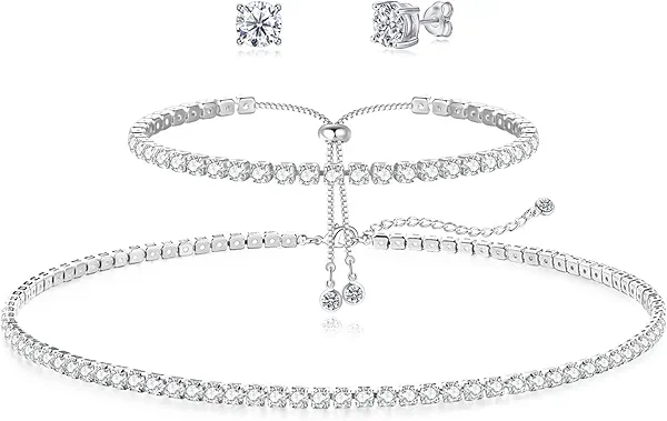 HAXIYA Tennis Necklace Bracelet for Women, Sterling Sliver, Dainty Chocker Necklace, Crystal Bracelet for Women, Wedding Jewelry for Bride, Sparkly Party Prom Hypoallergenic
