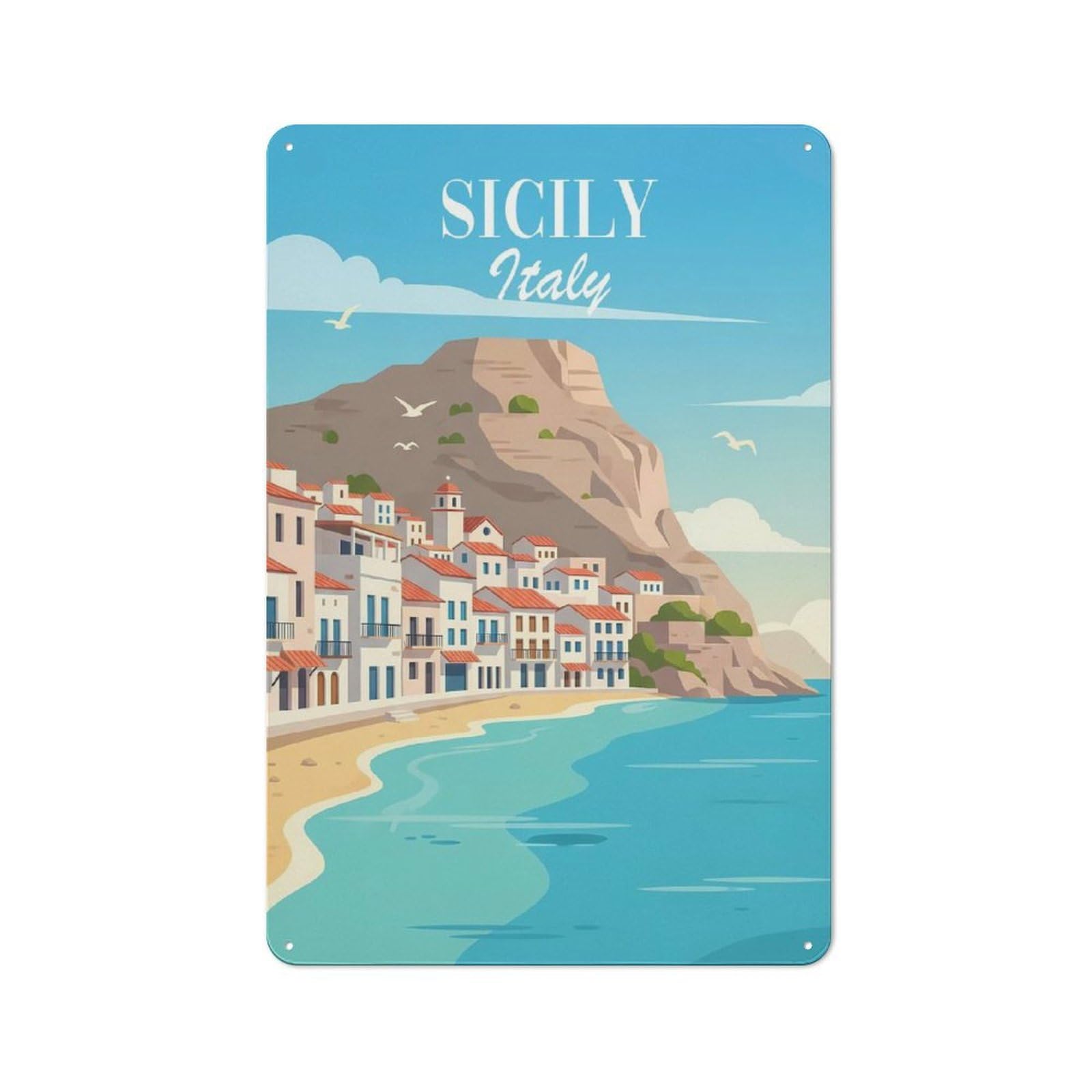 Junmoney Sicily, Italy Coastal Town Nostalgic Decorative Tin Plaque 30X20cm, Classic Pub Decor For Diner, Restaurant, Shed Or Kitchen