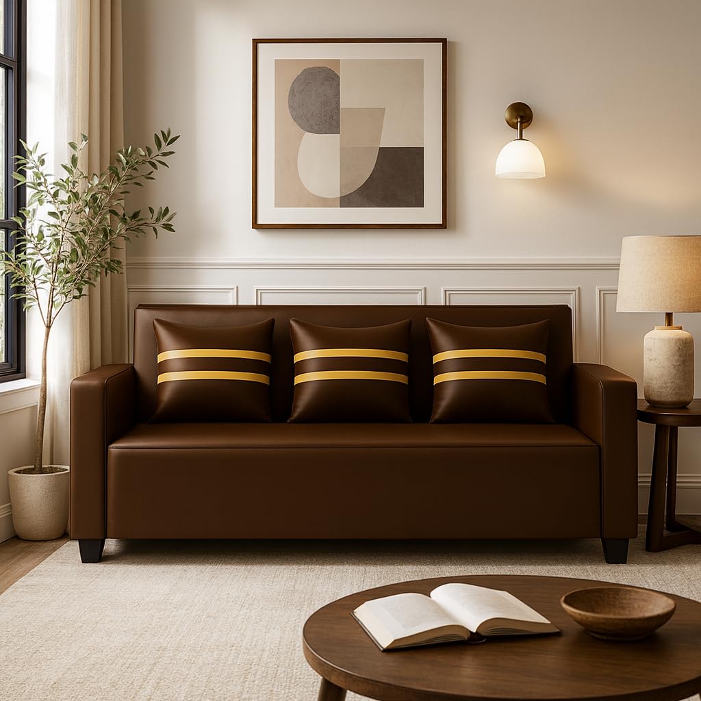 Lexiro 3 Seater Sofa Set | Premium Leatherette Upholstery | Modern Design | Plush Comfort Cushions for Living Room (Golden Stripped Cushion-Brown) Lexiro 3 Seater Sofa Set | Premium Leatherette Upholstery | Modern Design | Plush Comfort Cushions for Living Room (Golden Stripped Cushion-Brown)