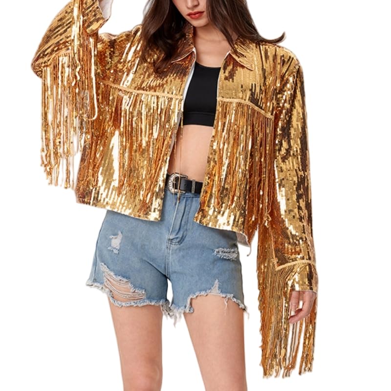 WLLDDDIU Cardigan Mujer, Cárdigan Corto con Flecos y Lentejuelas para Mujer, Manga Larga, Chaqueta Bomber Brillante con Purpurina, Abrigo Estilo Rock y2K para Mujer, Disfraces de Escenario, Atuendo