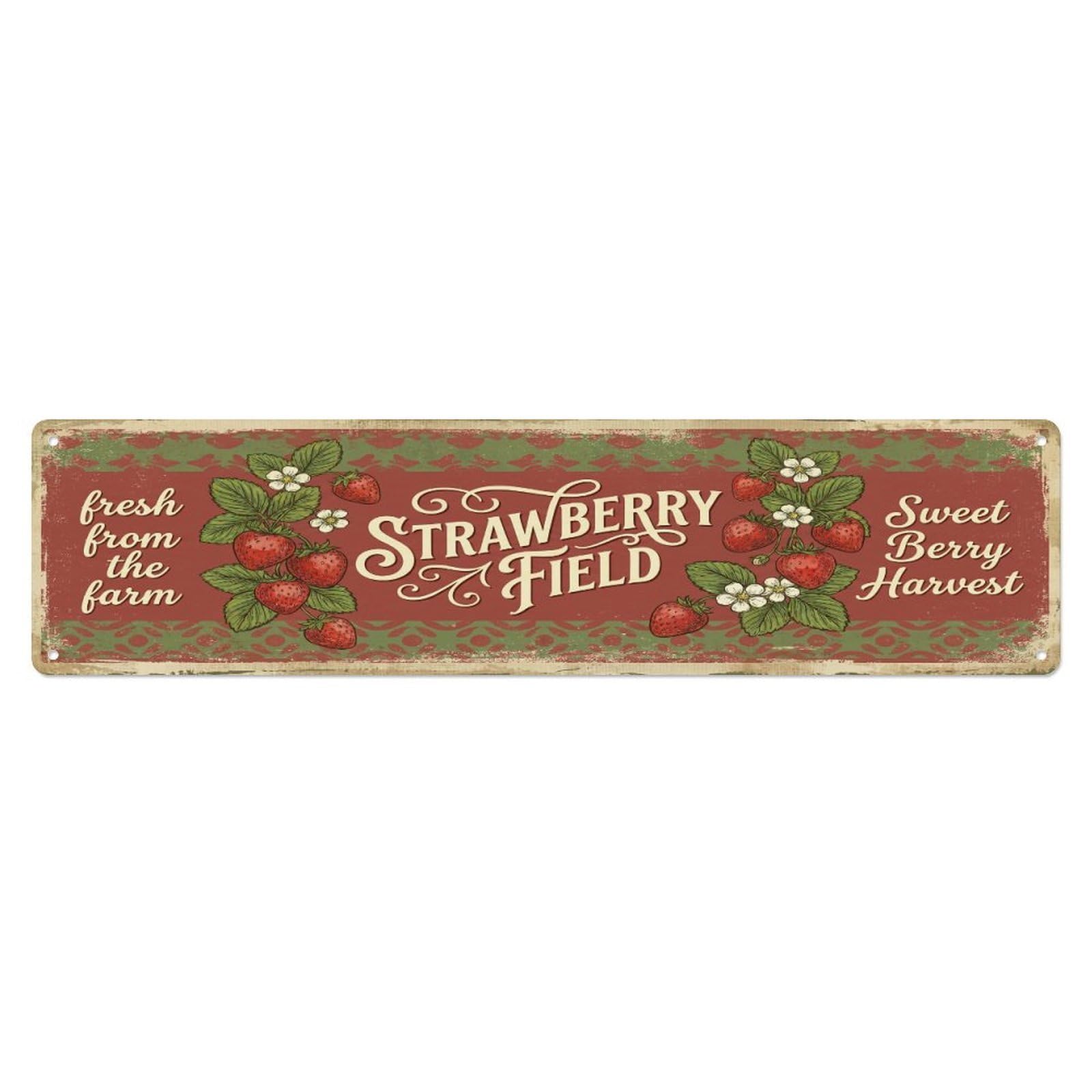 Olhnbad 4X16inch(10X40cm) Vintage Cottagecore Garden Strawberry Field Banner Metal Tin Sign