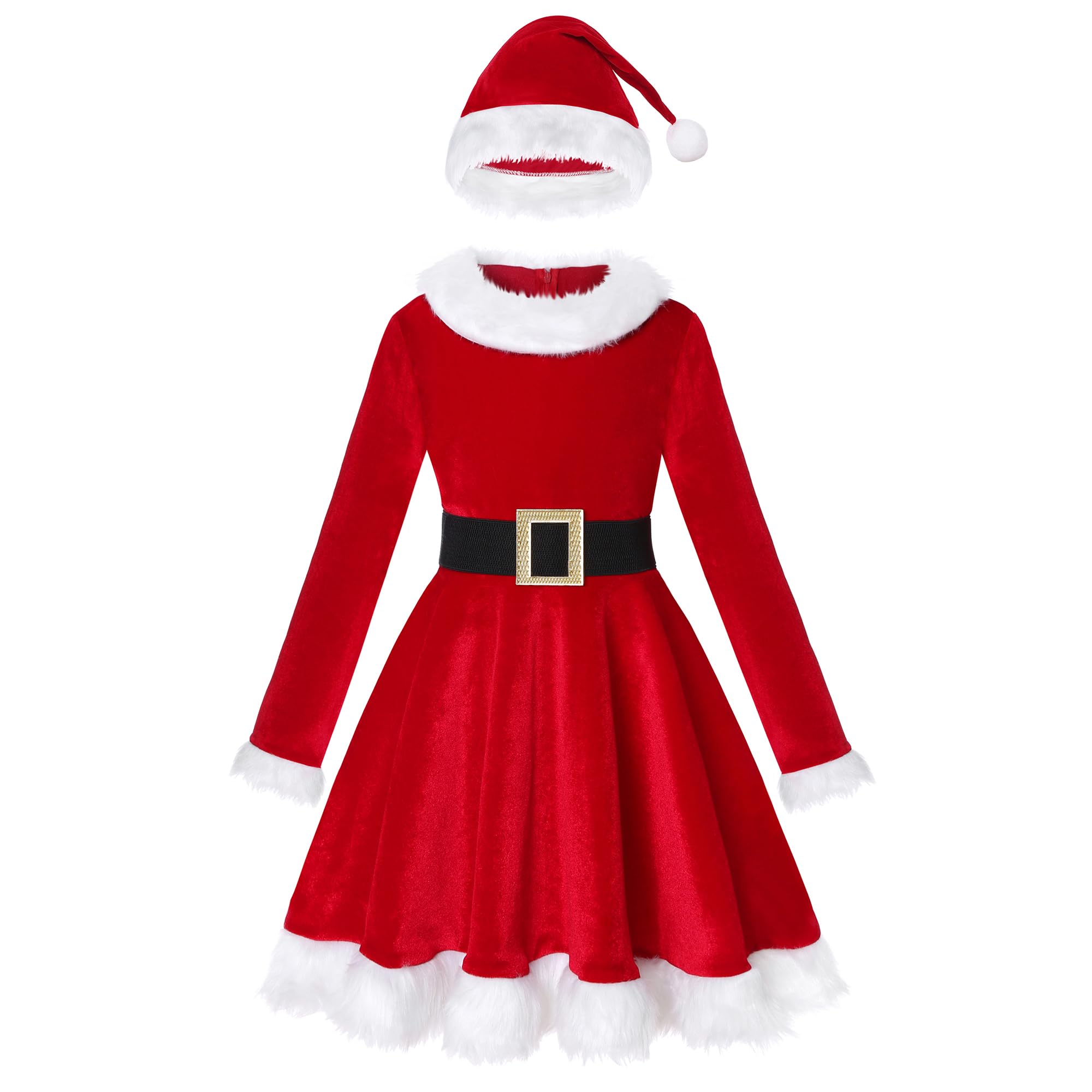 Koatobbor Girls Mrs. Santa Costume Red Dress Christmas Holiday Dress Up Outfits with Hat and Belt