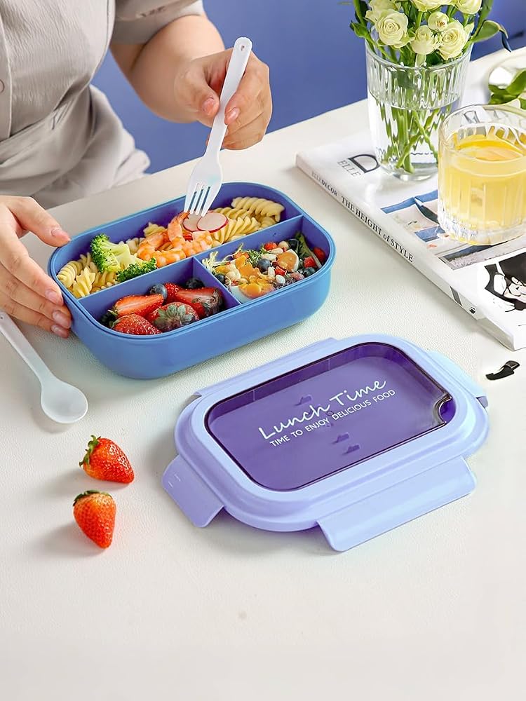 Bento Lunch Box, 1450 ML Lunch Containers with Spoon and Fork, Easy to Carry Meal Holder with 3 Compartments, BPA Free, Leak-Proof, Perfect for Eating Out(Blue)