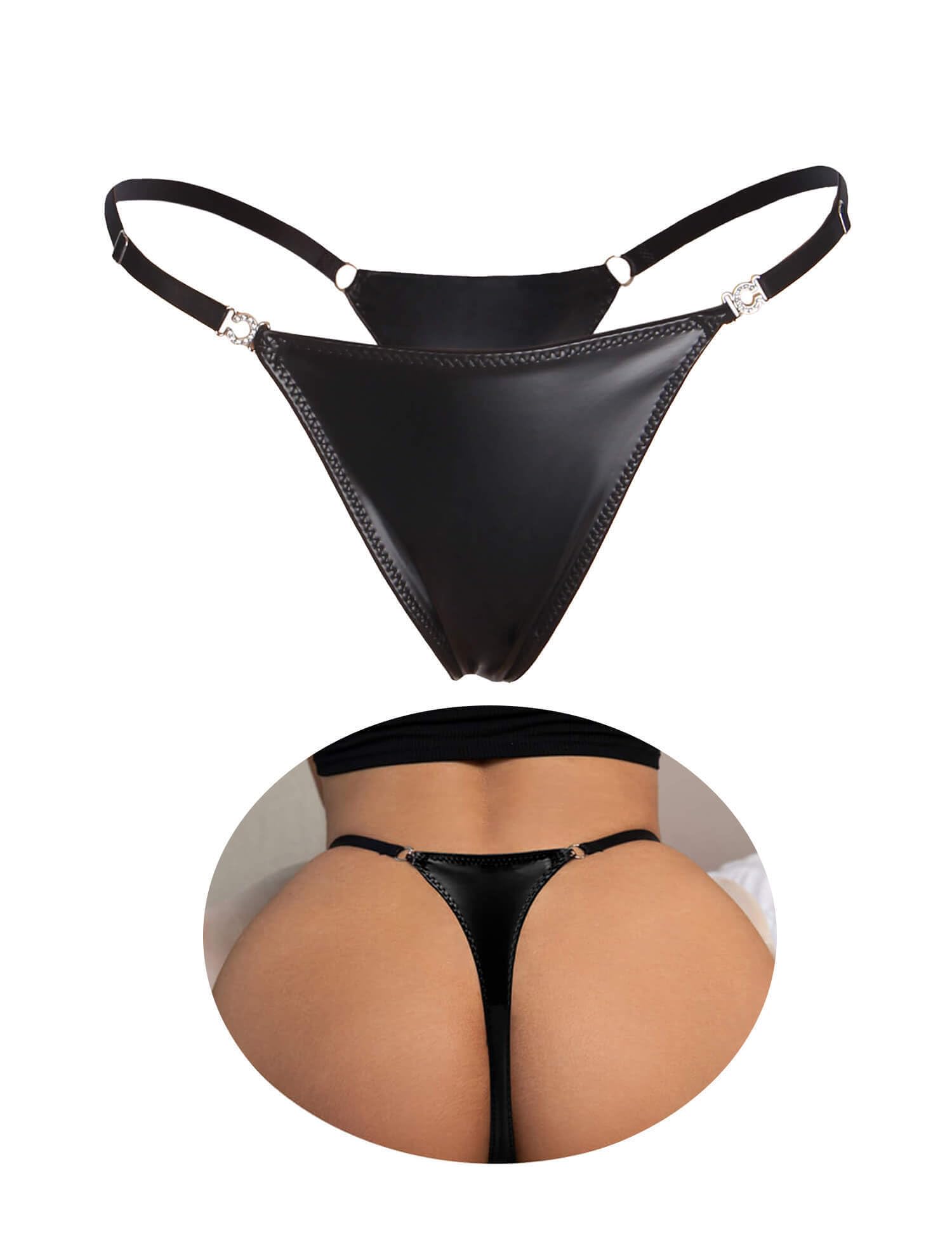ohyeahlady String Tanga Damen Sexy Dünn PU Leder Brasilien Slip Wetlook Dessous Große Größen Unterhosen Panty Höschen High Waist Briefs Stretch Underwear Reizwäsche Schlüpfer Schwarz M