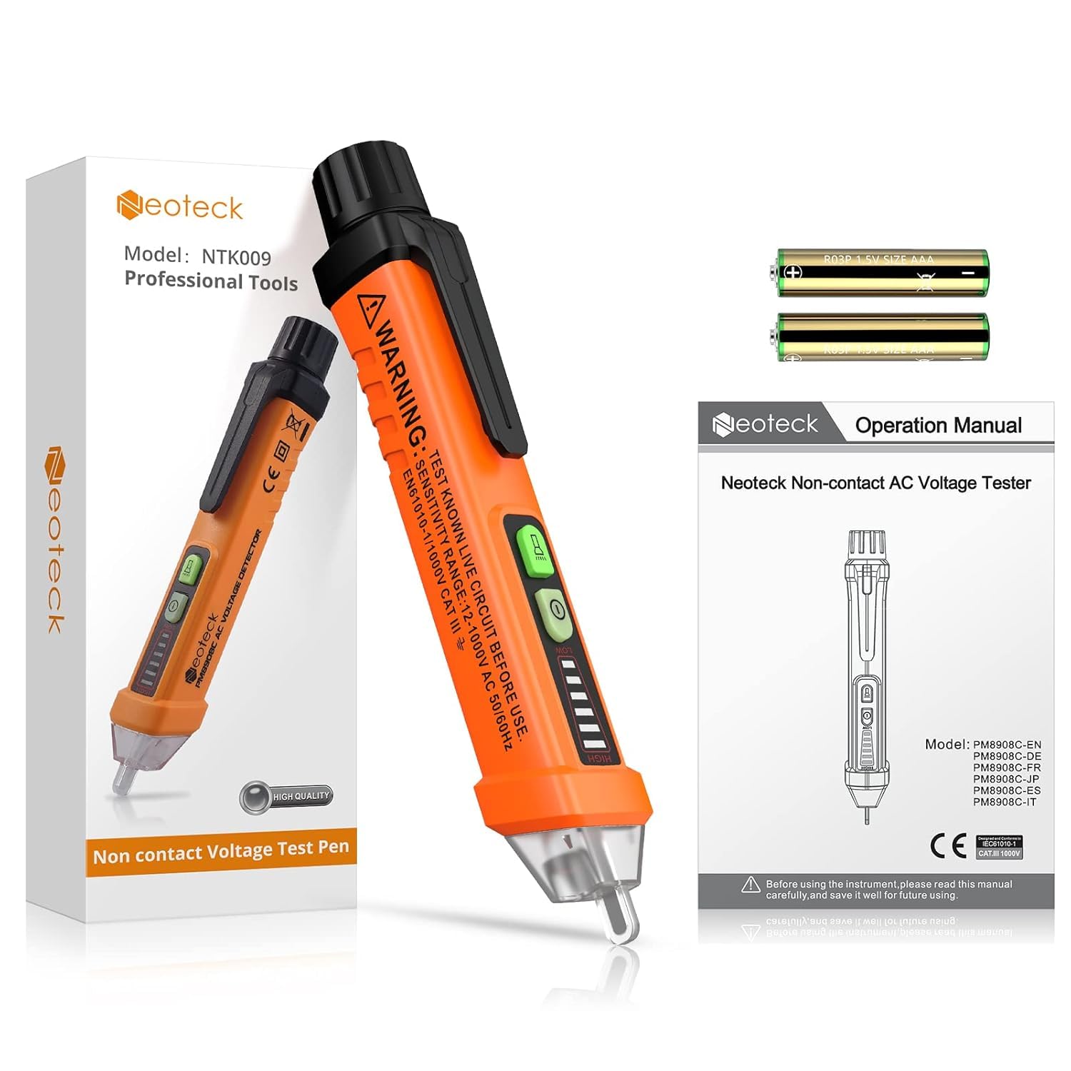 Neoteck bezdotykowy tester napięcia 12 – 1000 V AC tester napięcia długopis narzędzie z latarką LED Piepser klips kieszonkowy