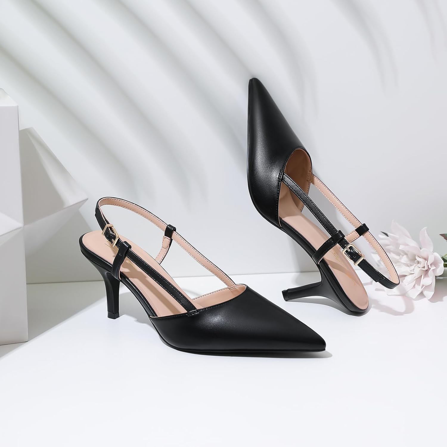 Mostrin Kitten Heels for Women Pointed Closed Toe Stilettos Slingback Low Heel Bow Pumps Dress Shoes for Daily Party Wedding - Image 3