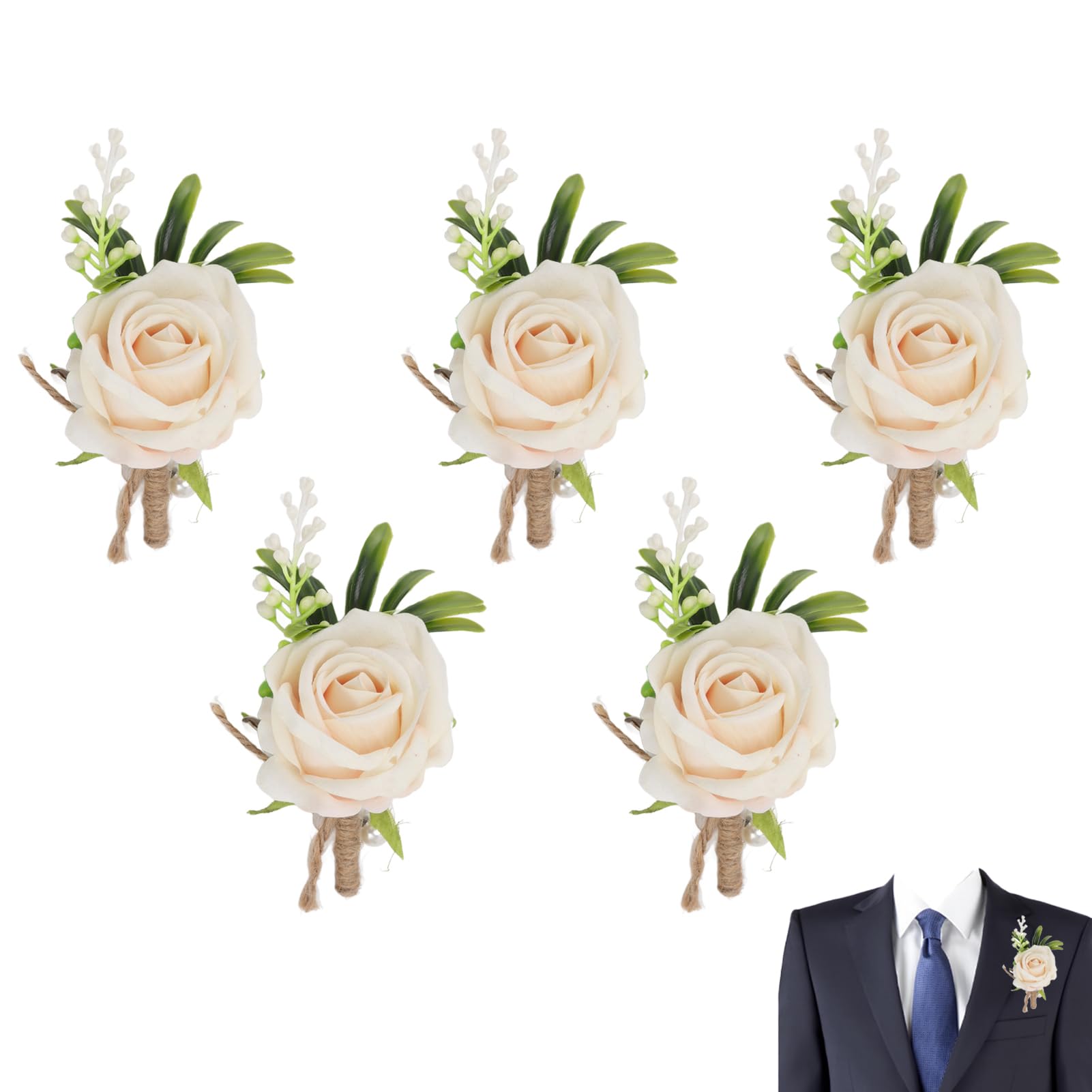 4 Boutonnières Mariage Homme En Fleur De Soie Simulation - Blanc, 12x7 Cm, Avec épingle Et Clip - 11