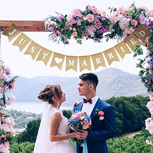 Pancarta de Just Married Bandera de Boda de Arpillera Decoración de Boda...