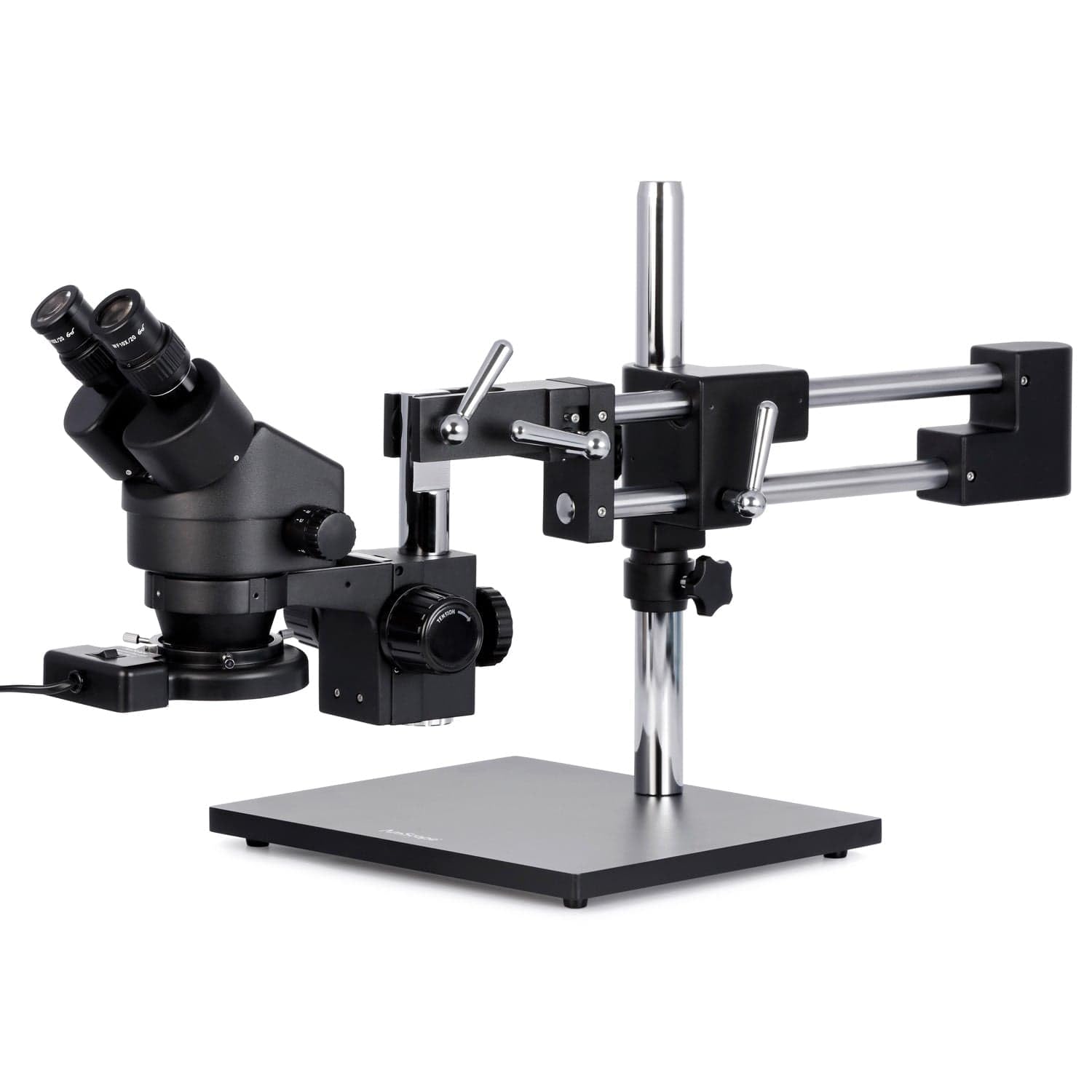 AmScopeSM-4BZ-FRL-B Professional Binocular Stereo Zoom Microscope, WH10x Eyepieces, 3.5X-90X Magnification, 0.7X-4.5X Zoom Objective, 8W Fluorescent Ring Light, Black Double-Arm Boom Stand, 110V-120V, Includes 0.5x and 2.0x Barlow Lenses