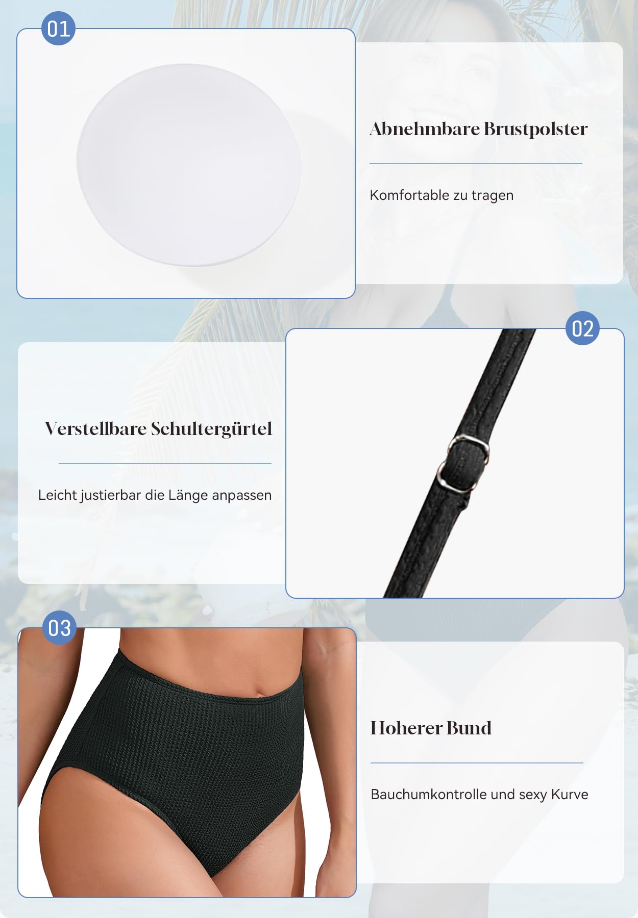 PONCEAU Bikini Damen Set High Waist Bauchweg - Gerippte Bademode mit Sport Oberteil & Hoher Bund Unterteil Strukturierte Bademode Zweiteiler Badeanzug für Strand & Pool