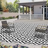 SAND MINE Waterproof Outdoor Rug 8x10 ft, Plastic Reversible Rug, Modern Area Rug, Large Floor Mat for Outdoors, RV, Patio, Backyard, Deck, Picnic, Beach, Camping (8' x 10', Black & White Lattice)