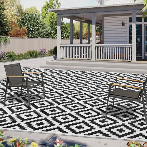 SAND MINE Waterproof Outdoor Rug 8x10 ft, Plastic Reversible Rug, Modern Area Rug, Large Floor Mat for Outdoors, RV, Patio, Backyard, Deck, Picnic, Beach, Camping (8' x 10', Black & White Lattice)