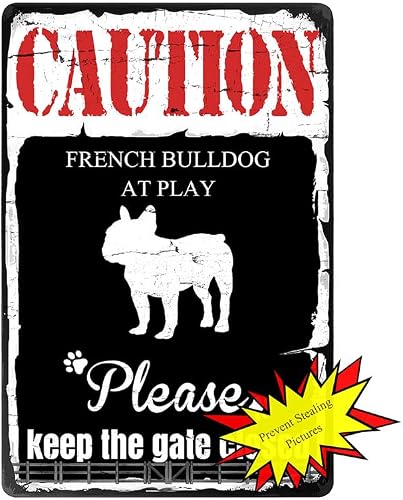 Vintage Dog Tin Signs, French Bulldog Dog Warning Sign, Please Keep Gate Closed Sign, Dogs in Yard Signs, Metal Fence Plaques Outdoor, Security Caution Dog Signs Easy to Install 8X12 Inch