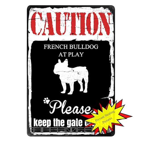 Vintage Dog Tin Signs, French Bulldog Dog Warning Sign, Please Keep Gate Closed Sign, Dogs In Yard Signs, Metal Fence Plaques Outdoor, Security Caution Dog Signs Easy To Install 8X12 Inch #TOP3