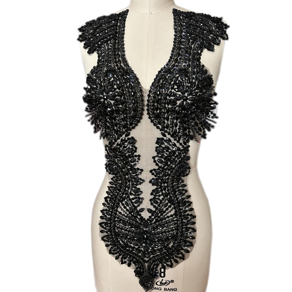 Applique strass et paillettes artisanale noire pour la haute couture de mariage