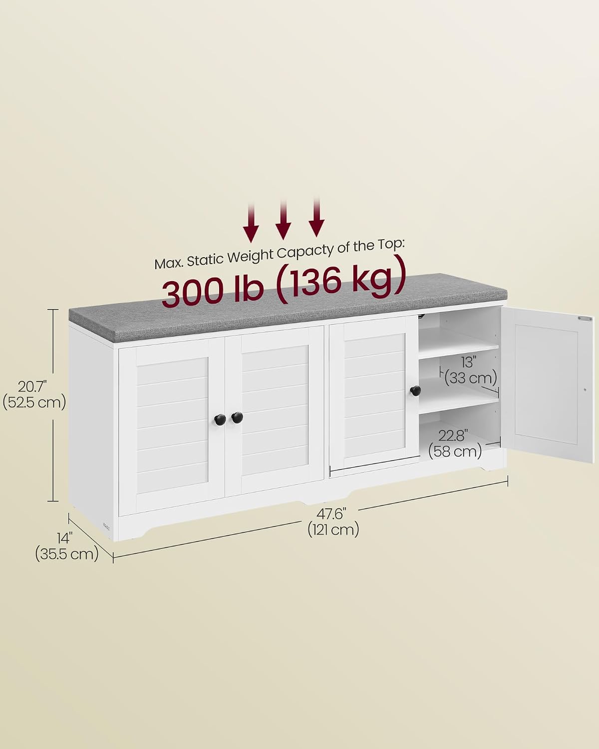 Diagram showing dimensions of the VASAGLE Shoe Storage Bench: 20.7 inches height, 47.6 inches width, 14 inches depth, and 300 lb weight capacity.