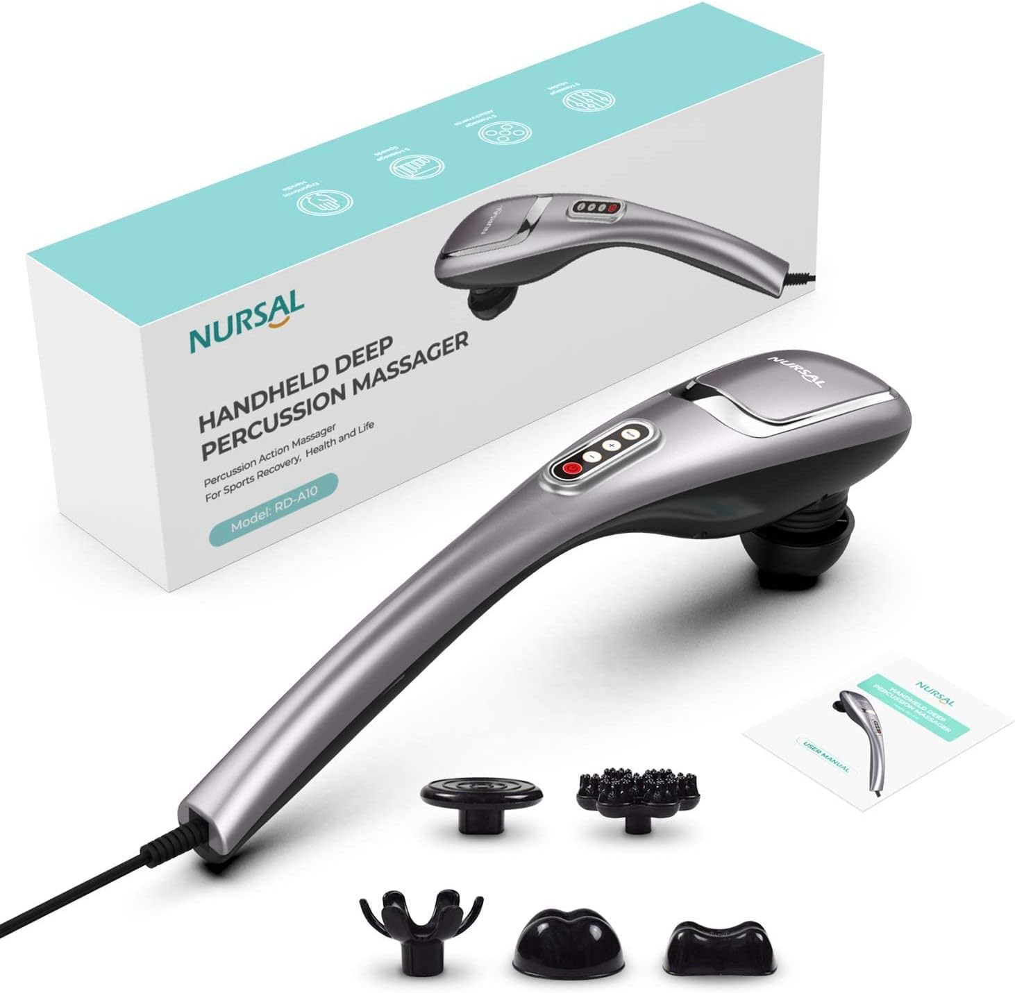 NURSAL Handheld Back Massager for Back Pain Relief, Deep Tissue Massager for Foot, Shoulder, Leg, Muscles, Percussion Neck Shoulder Massager with 5 Interchangeable Tips, 5 Modes & 5 Speeds