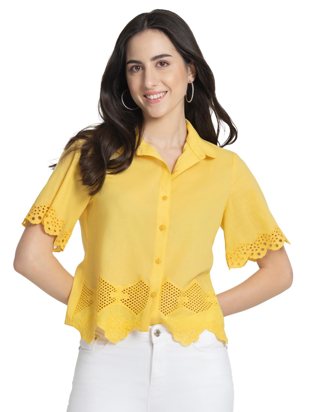 shaye Yellow Casual Short Sleeves Shirt Collar Embroidered Top for Women-picture-5